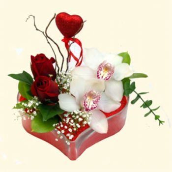  Eskiehir hediye sevgilime hediye iek  1 kandil orkide 5 adet kirmizi gl mika kalp